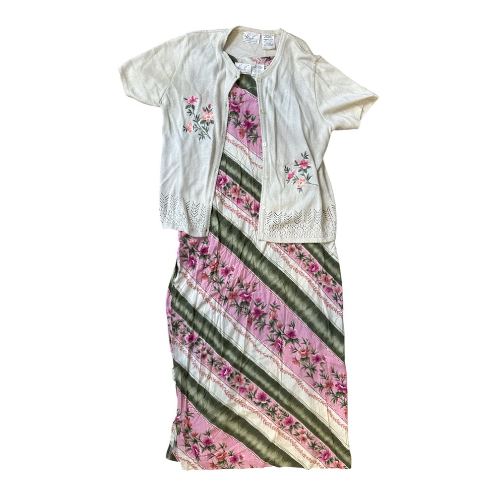 Floral Striped Pink and Green Maxi‎ Dress with Embroidered Cream Cardigan